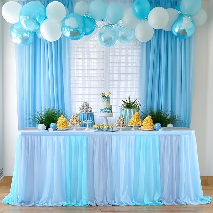 Tulle Table Skirt Blue Tutu Striped Table Skirts for Rectangle Tables Baby Shower Under the Sea Baby Shark Birthday Parties Decoration 9ft