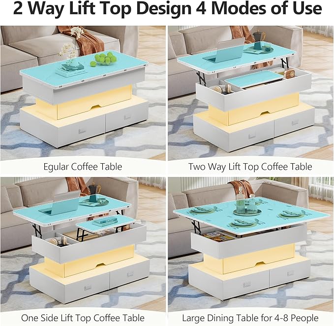 Turosur 40" Lift Top Coffee Table, Coffee Tables with Storage and 4 Drawer, Coffee Table with Lifting top with LED Lights for Living Room Home Office