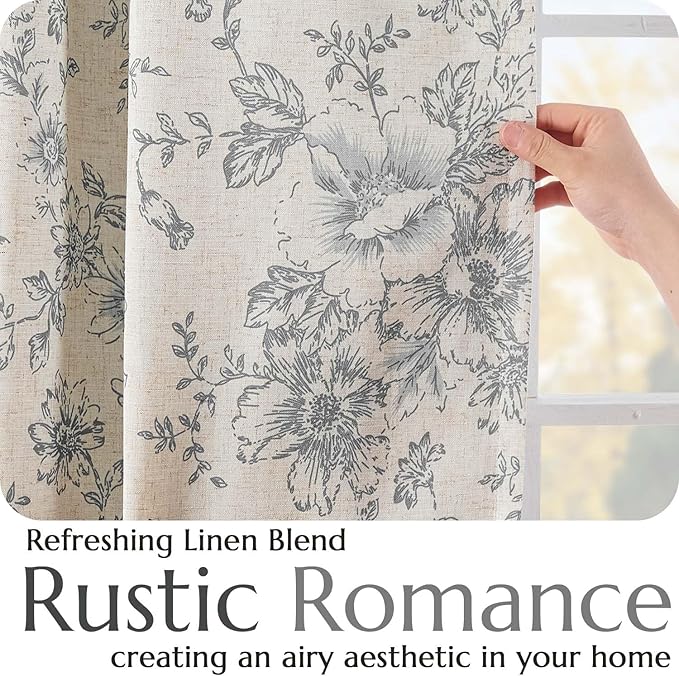 jinchan Blackout Linen Blend Curtain Gray Floral Blackout Curtains for Living Room 90 Inch Length Grey Printed with Lined Blackout Curtain for Bedroom Farmhouse Curtains Set 2 Panels