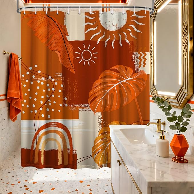 Shower Curtain, Burnt Orange, 70x72 Inch | Mid Century Modern, Bohemian Abstract Leaf, Waterproof Cloth Fabric, Includes Hooks