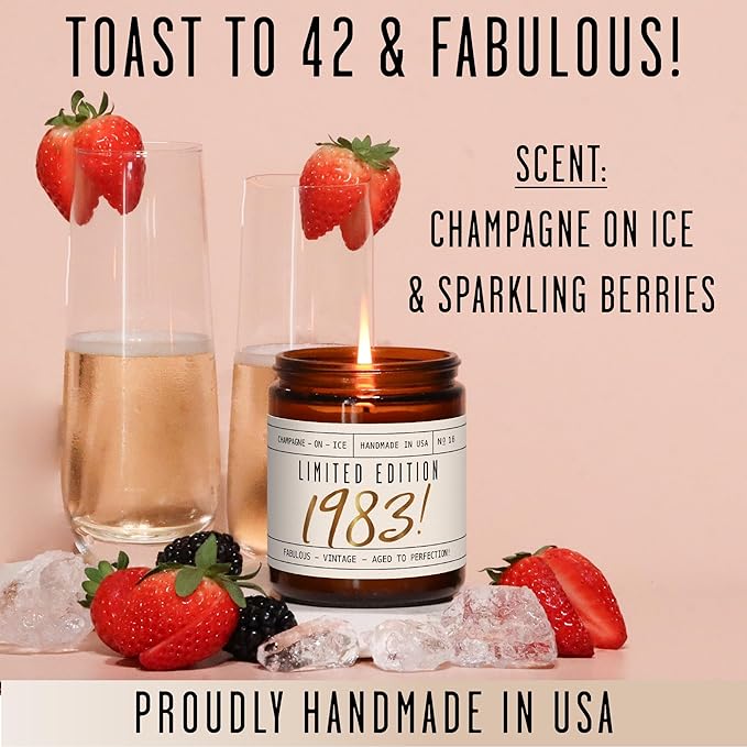 42nd Birthday Gifts for Women - 'Limited Edition 1983' Soy Candle, w/Champagne on Ice I 42 Birthday Gifts for Women I 42nd Gift for Her Ideas I 9oz Reusable Jar, 50Hr Burn, Made in USA