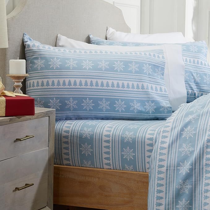 Market & Place 100% Cotton Full Flannel Sheet Set | 4 Piece Deep Pocket Novelty Cozy Winter Bed Sheets | Double Brushed for Extra Softness & Comfort | Alpine Collection (Full, Striped Snowflake)