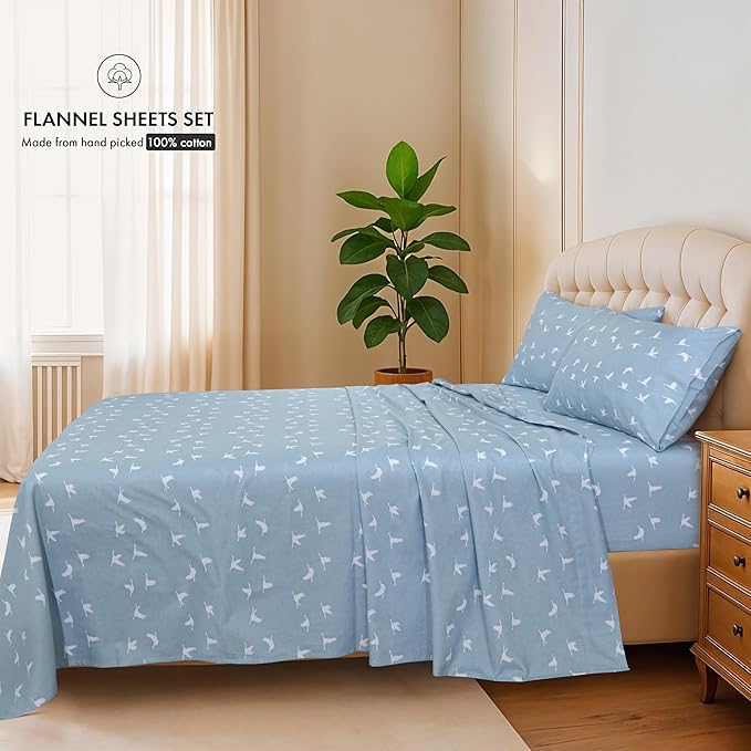RUVANTI Flannel Sheets Twin XL Size - 100% Cotton Double Brushed Twin XL Sheet Sets, Deep Pockets 16 Inches, All Seasons Breathable & Extra Soft Bed Sheets, Warm & Cozy, 3 Piece, We Fly