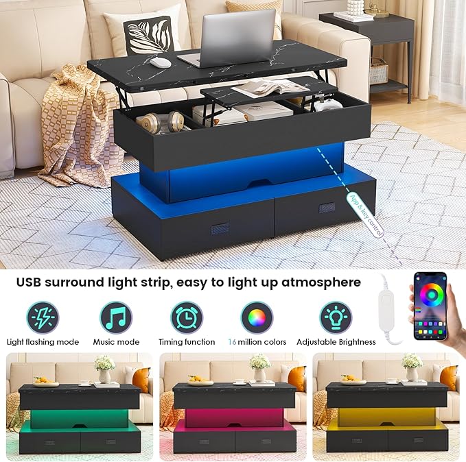 Turosur 40" Lift Top Coffee Table, LED Coffee Tables with Storage and 4 Drawers, Coffee Table with Lifting top for Living Room Home Office, Black