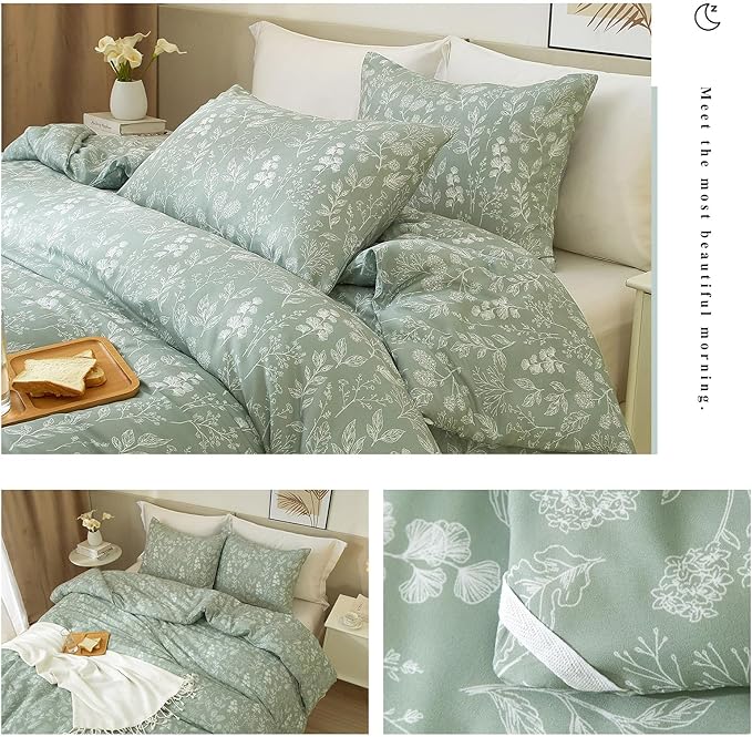 HighBuy Queen Comforter Set Sage Green Floral Boho Comforter Set Kawaii Toddler Bedding Set Queen Size Soft Bedding for Women Girls Comforters Queen Bed Set 3 Piece,1 Comforter and 2 Pillowcases