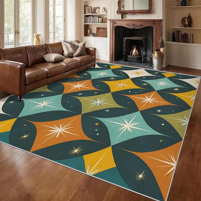 Mid Century Modern Rugs for Bedroom 7x9 ft, MCM Atomic Area Rugs for Living Room, Washable Non Slip Low Pile Abstract Geometric Carpet, Home Decor PF-P 107