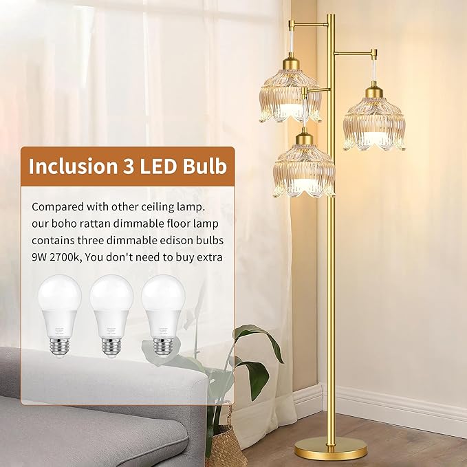 ILLMTW Gold Floor Lamp for Living Room,Bedroom,Mid Century Modern Standing Lamp Brass Tree 3 Light Tall Floor Lamps Vintage Retro Floor Lights Glass Amber Flower Lamp Shade Farmhouse Boho Bohemian