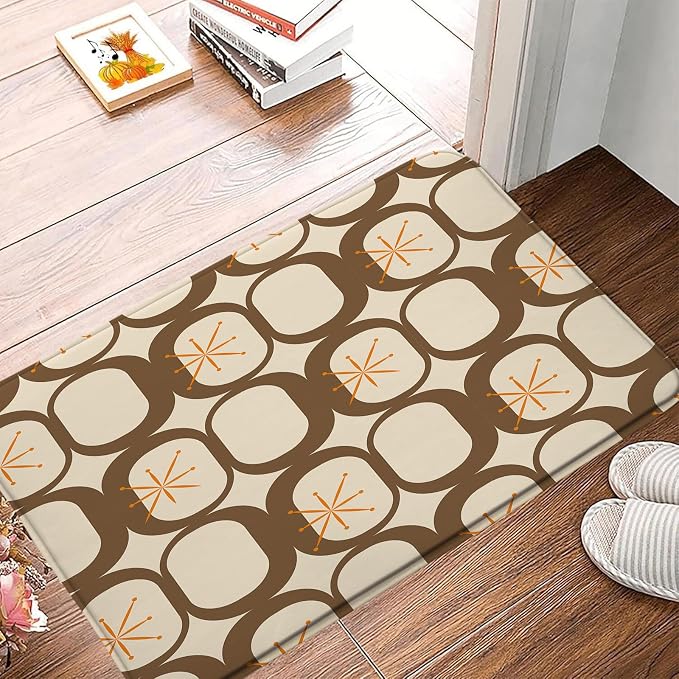 Mid Century Modern Bath Mat Abstract Atomic Geometric Retro 1950s Brown Bathroom Kitchen Toilet Rugs,24x60 Inch