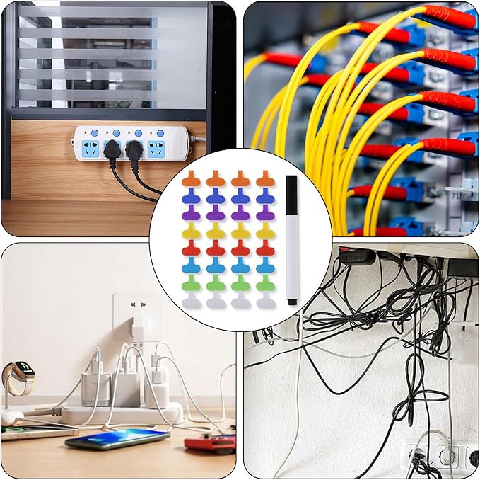 32 Pcs Cord Labels for Electronics with Pen, Write-On Cable Labels Tags with Self-Adhesive Hook and Loop, Multi-Color Wire Markers for Computer Cable Management and Identification 8 Colors