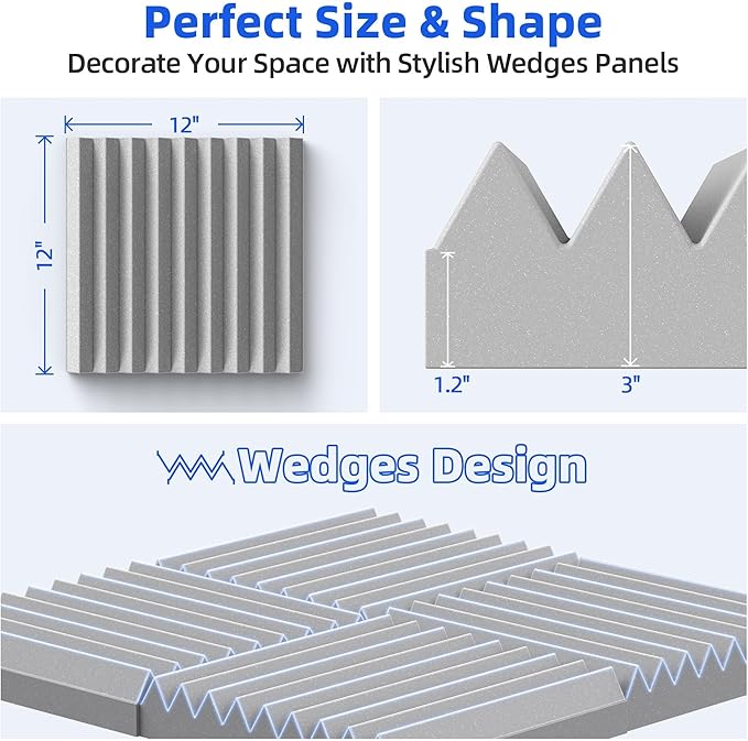 12 Pack Sound Proof Foam Panels for Wall with Self Adhesive, 3" X 12" X 12" High Density Acoustic Panels Sound Absorbing Quick-Recovery, Wedges Soundproof Wall Panels for Gaming & Studio Decor - Gray