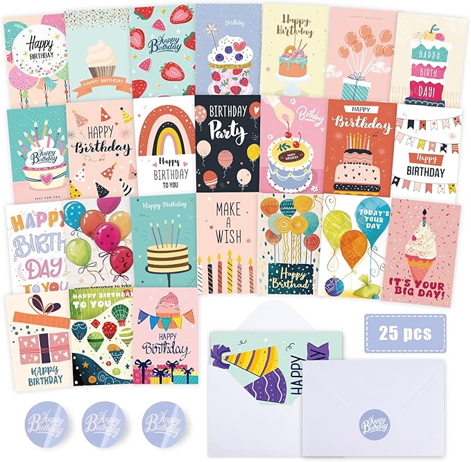 FUHITIM Birthday Cards,25 Pcs Blank Cards with Envelopes & Stickers,25 Design,4x6 Inches Happy Birthday Card,Birthday Card for Kids,Friends,Family and Colleagues