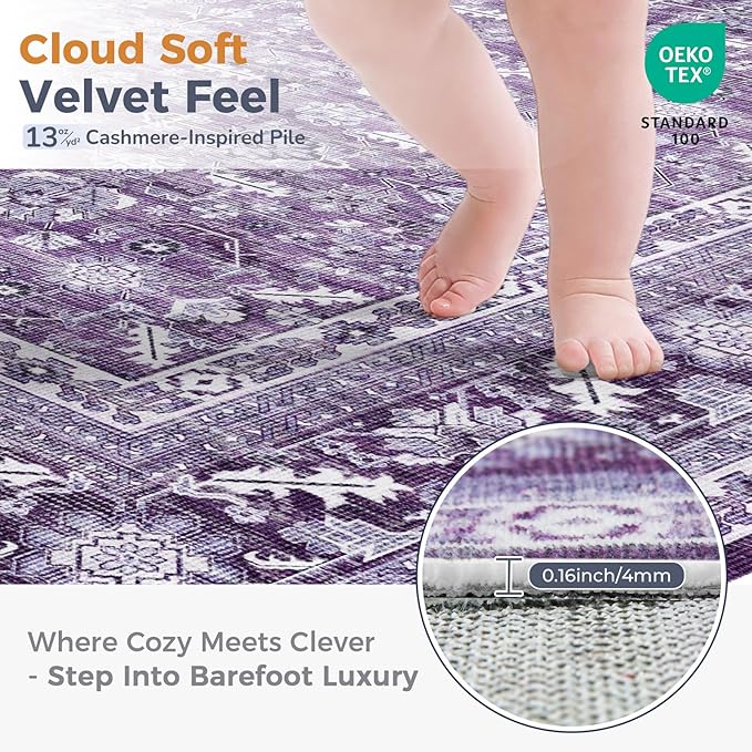 OPPODREAM Vintage Purple Area Rugs 6x9, 6 x 9 Retro Washable Rug Non Slip, Low-Pile Faux Wool Carpet, Distressed Floor Mat for Living Room, Bedroom, Kitchen, Office, Dorm, Dinning Room