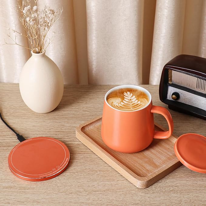 APEKX Warm Cup Coffee Mug Warmer Set - Smart Stable Constant Temperature 131°F, 15W Wireless Charging, 12.8 oz Capacity - Supports USB-C Interface, Automatic Power On/Off Function (4 H). (Tangerine)