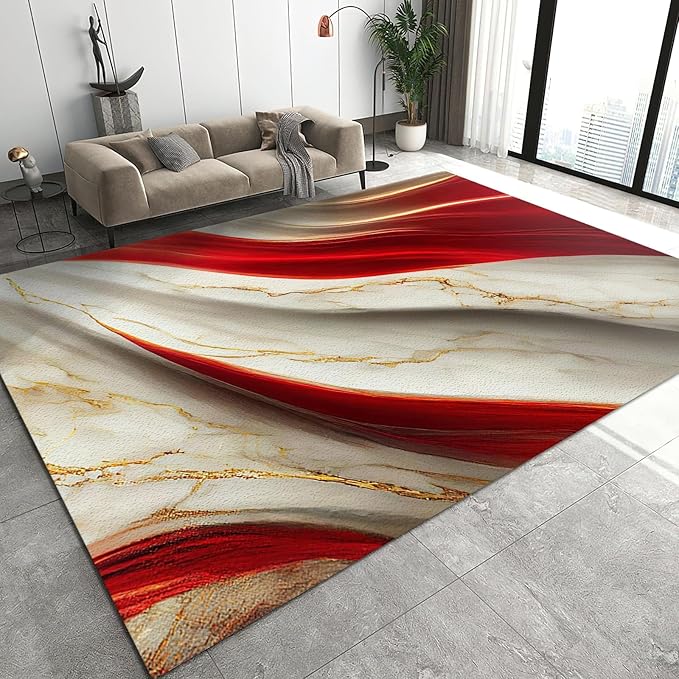 Marble Gilt Texture Red Area Rug, Luxury Marble Non Slip Throw Rug, Machine Washable Durable Carpet for Indoor Bedroom Living Room Office Decor Rug - 3 ft x 4 ft