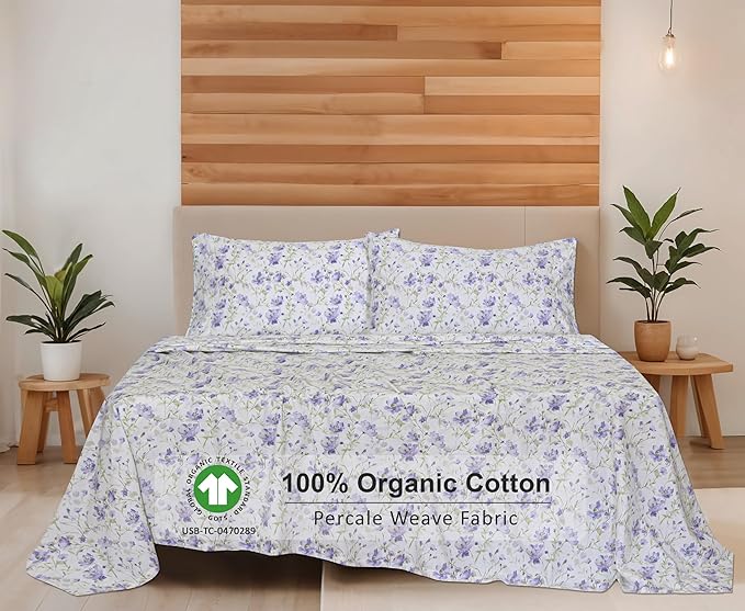 RUVANTI 100% Organic Cotton Sheets California King, Percale Weave, GOTS Certified, 4-Piece Set, Deep Pocket 13", Crisp & Breathable, Soft Durable Bedding, Sábanas Algodón Orgánico - Heather