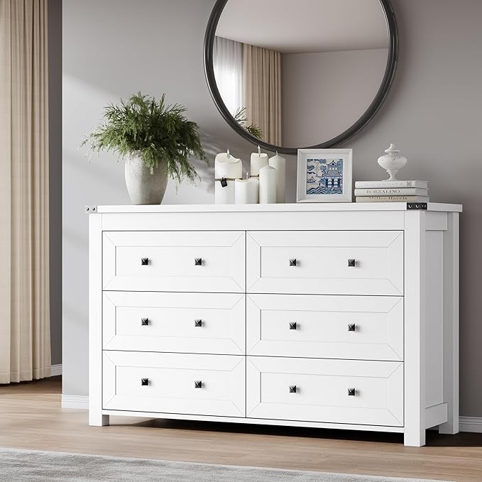 BORNOON 6-Drawer Dresser, Modern Wooden Storage Chest of Drawers, Dresser TV Stand, Wood Drawer Organizer with Metal Handles for Bedroom, Living Room, Hallway