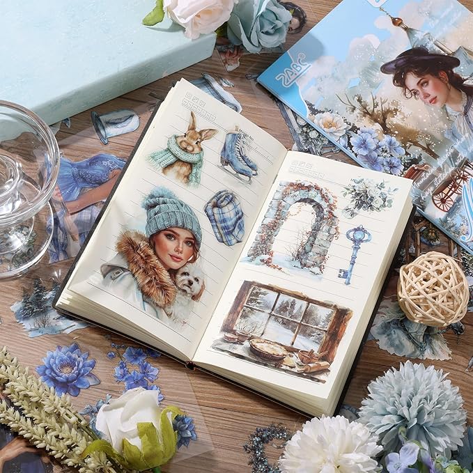 Auguro PET 20 Sheets 180 Pre-Cut Winter Stickers for Scrapbooking People Landscape Stickers Scrapbook Supplies Transparent Sticker for journaling