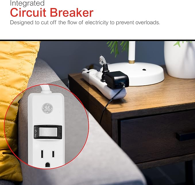 GE 6-Outlet Power Strip, 8 Ft Extension Cord, Heavy Duty Plug, Grounded, Integrated Circuit Breaker, 3-Prong, Wall Mount, ETL Listed, White, 67122