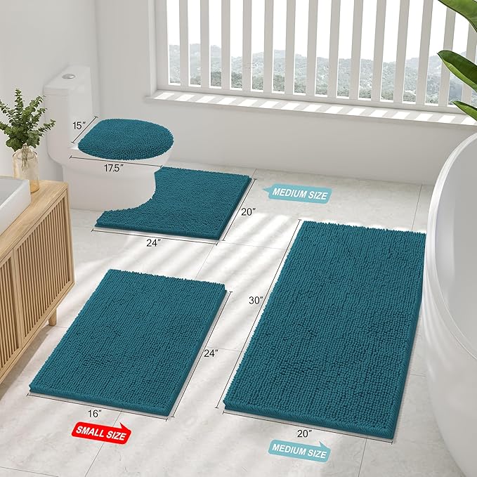 Smiry Luxury Chenille Bathroom Rugs 24x16, Extra Soft and Absorbent Shaggy Bath Mat, Machine Washable, Non-Slip Plush Carpet Runner for Tub, Shower, and Floor, Home Decor Accessories, Lake Blue