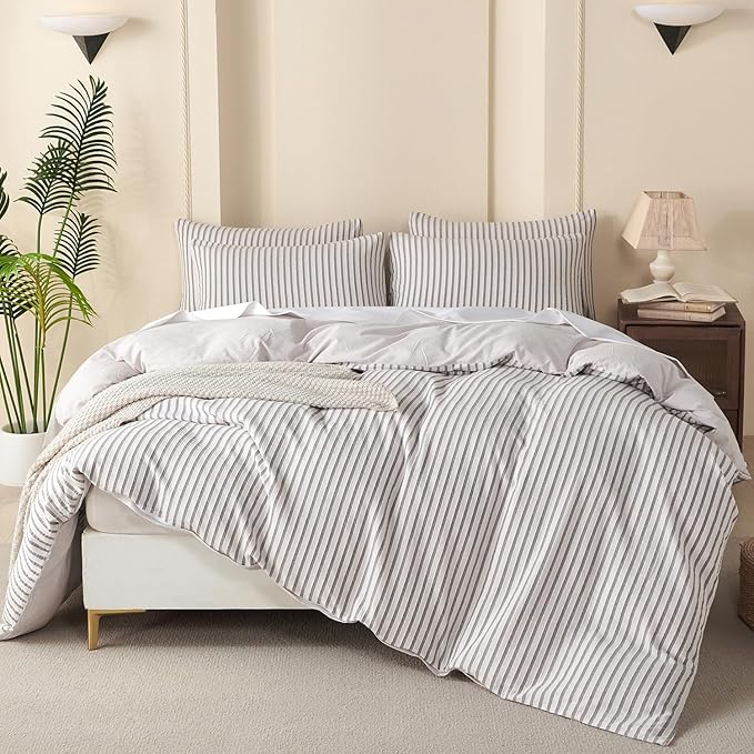King Grey Duvet Cover Striped Washed Microfiber Jacquard 3 Pieces Bedding Set, Grey White Vertical Ticking Stripes Pattern Comforter Cover with Zipper Closure Breathable Durable Soft Comfy