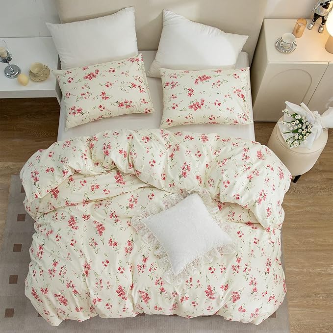 Comforter Set King Floral Soft Bedding Comforter 3 Pieces Lightweight Garden Style Red Flower Print Botanical Flowers Comforter Set 1 Comforter and 2 Pillowcases (Floral, King)