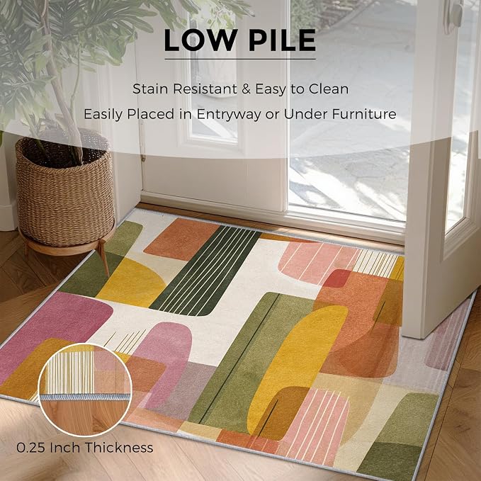 2x3 Mid Century Modern Throw Rugs for Entryway, Washable Abstract Geometry Pattern Indoor Door Mat, Bedroom Kitchen Entrance, Non Slip Soft Thin, Boho Decor Small Area Rug PF-P 117