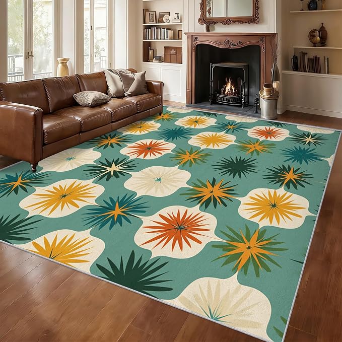 Mid Century Modern Rugs for Living Room Decor, 6x8 ft, Retro Geometric Flower Area Rugs for Bedroom, Soft Non Slip Washable 70s MCM Atomic Carpet Home Decorations D-g48