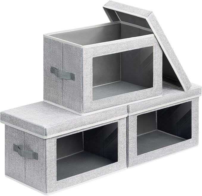 Storage Boxes with Lids - 3 Pack Fabric Clear Window Storage Bins, Collapsible Storage Bins with Lids, Linen Closet Organizer for Clothes, Towel, Blanket, Light Grey