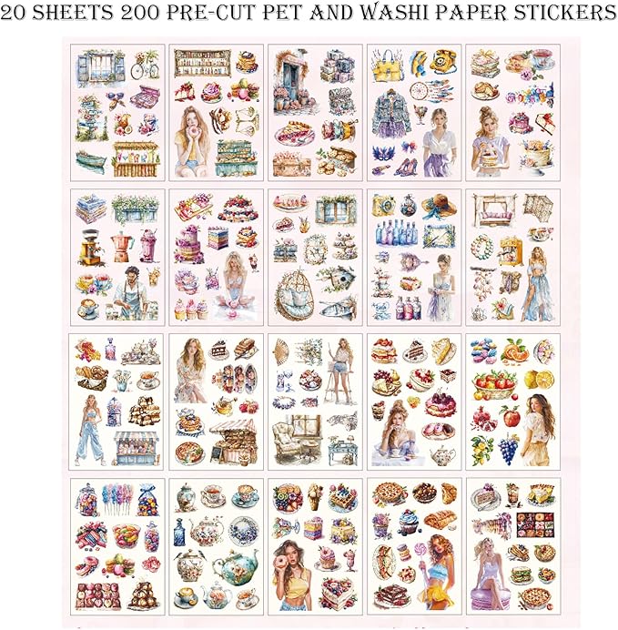 Auguro Scrapbooking Stickers 20 Sheets Pre-Cut 200 washi Stickers PET People Sticker Books for journaling Scrapbook Supplies Transparent Journal Sticker