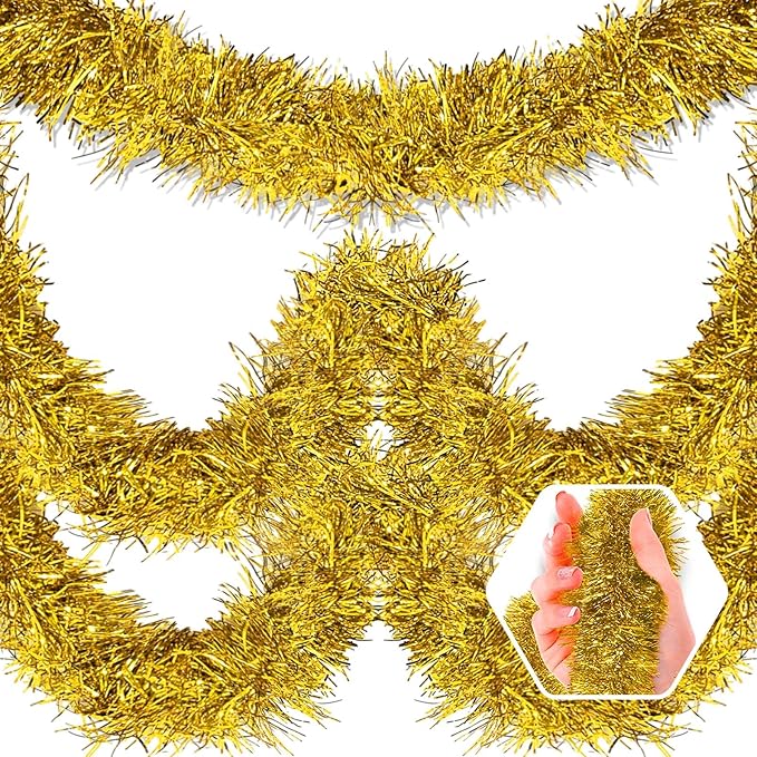 25 Feet Christmas Foil Fringe Banner Metallic Tassle Garland Metallic Backdrop Parade Floats Shiny Hanging Ceiling, Valentine's, Wedding, New Year Party Decorations(4" x 25', Gold)