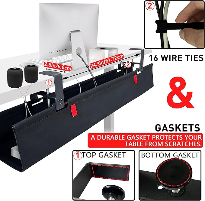 [Upgraded] Under Desk Cable Management, 28" Cord Organizer, with Silicone Pads (No Scratch!), 16 Cable Ties, Washable PE Honeycomb Base,Fits Any Desk 0-2.1", No Stinky Cardboard!Black