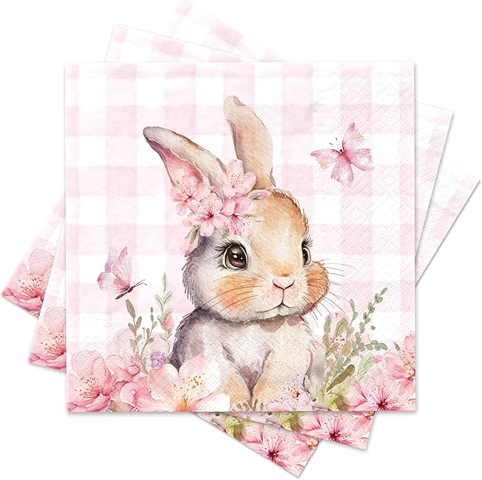Cute Pink Bunny Paper Napkins, 3-Ply, 6.5 x 6.5 Inch, Disposable Rabbit Cocktail Napkins for Decoupage, Spring Holiday, Dinner Party, Wedding, Baby Shower, Birthday Party Decorations
