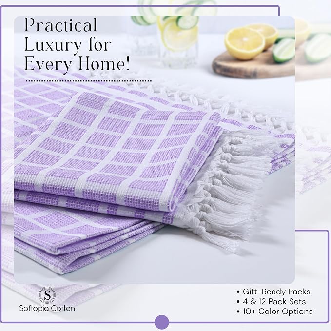 Matrix Dobby Kitchen Towels Set of 12, 100% Cotton, Combo Pack, 16"x26", Absorbent Tea Towels with Handmade Tassels, Reusable Cleaning Cloths - Lavender, Sandal Yellow, Aqua Blue