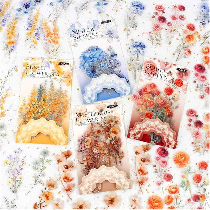120 Pieces Vintage Transparent PET Floral Stickers for Journaling, 4 Styles Watercolor Flower Set, Decorative Sticker for Scrapbooking, Junk Journal Supplies, Collage