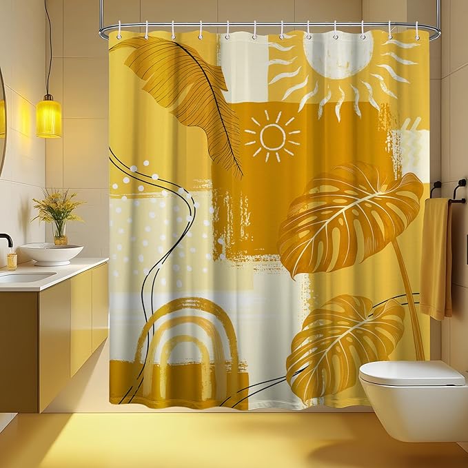 Extra Tall Shower Curtain XL Boho Mid Century Modern, 70 x 78 Inchs | for Extra Long 78 Inchs Shower, Yellow Abstract Pattern Design, Large Bathroom Decor Sets Waterproof Cloth Fabric, with Hooks