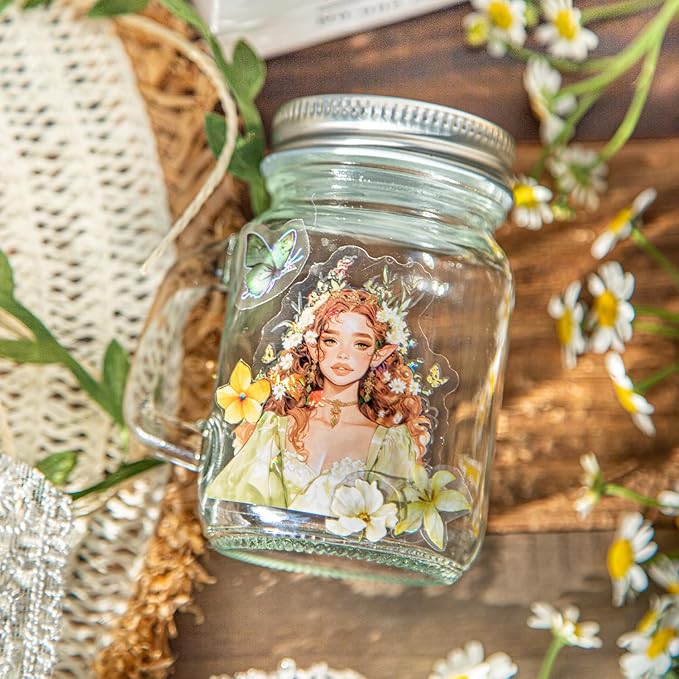 AuriicLeaf Spring Flower Girls PET Stickers Set, 60Pcs Fairy Character Stickers with Holographic Effect for Journaling, Scrapbooking, and DIY Crafts