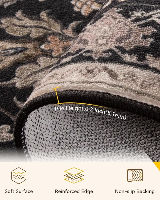 Area Rugs 8ft Washable Non-Slip, Floral Vintage Distress Print Pattern Medallion Carpet for Living Room Bedroom Dining Room, Black Brown Neutral Dark Tan