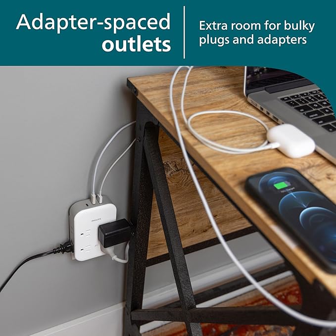 Philips All-in-One Surge Tap with USB, 4 Grounded & 4 Polarized Outlets, 2 USB-C & 1 USB-A Ports, 15W Shared, 1140 Joules, ETL Certified, White/Gray, SPP3155GW/37