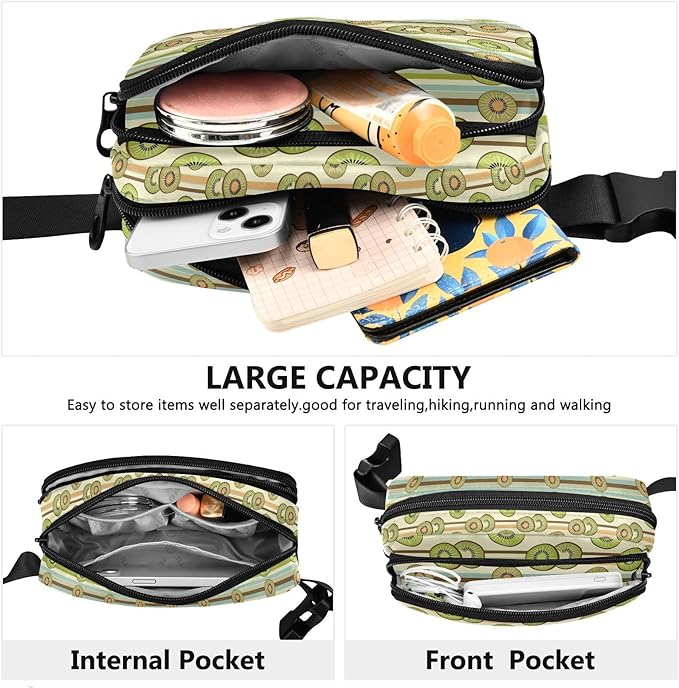 Kiwi Fruit Stripe Fanny Pack for Women Men Water Resistant Fashion Waist Packs with Adjustable Strap Belt Bag for Travel Workout Jogging Hiking 21220508