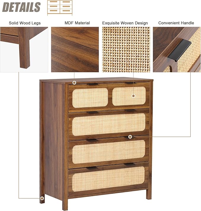 LEVNARY 4 Drawer Dresser Set of 2, Rattan Dressers Storage Cane Cabinet, Wooden Chest of Drawers Dresser for Bedroom, Entryway, Living Room (2, Walnut)