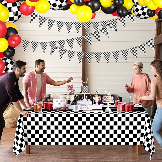 WNINK 6 Pack Race Car Table Cloth Black and White Gingham Tablecloths Disposable Plastic Buffalo Check Tablecloth Checkered Flag Covers for Birthday, Outdoor Picnic, Birthday, Camping 54 × 108 Inch