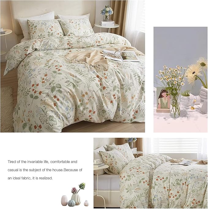 Garden Floral King Comforter Set Chic Flower Leaves Print Floral Bedding Comforter Fluffy Soft Vintage Style Aesthetic Comforter King with 2 Pillowcases Botanical Cottagecore Comforter for All Seasons