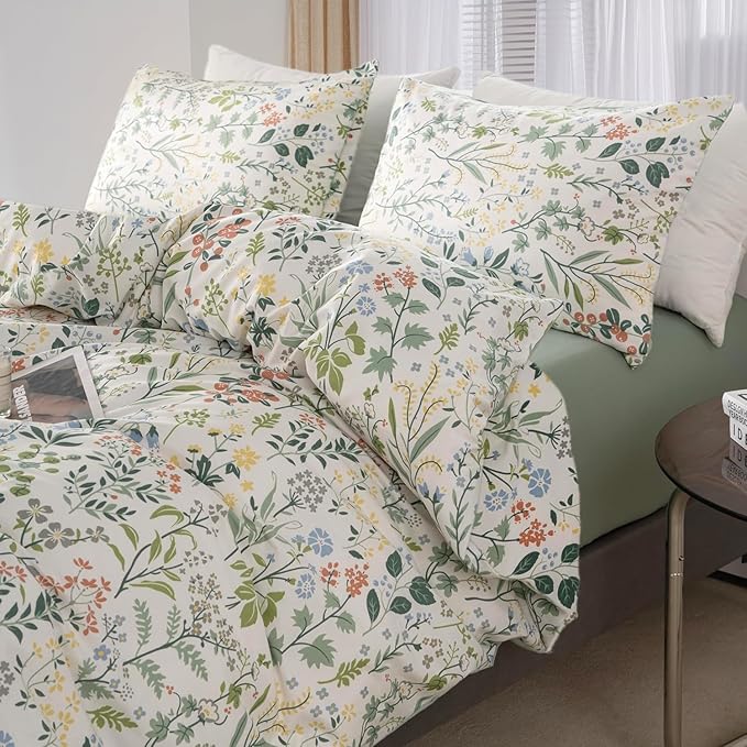 Vintage Garden Floral Comforter Set Queen Soft Fluffy Vibrant Colors Cute Floral Bedding Comforter Boho Aesthetic Queen Bed Comforter with 2 Pillowcases Cottagecore Botanical Flower Comforter Set