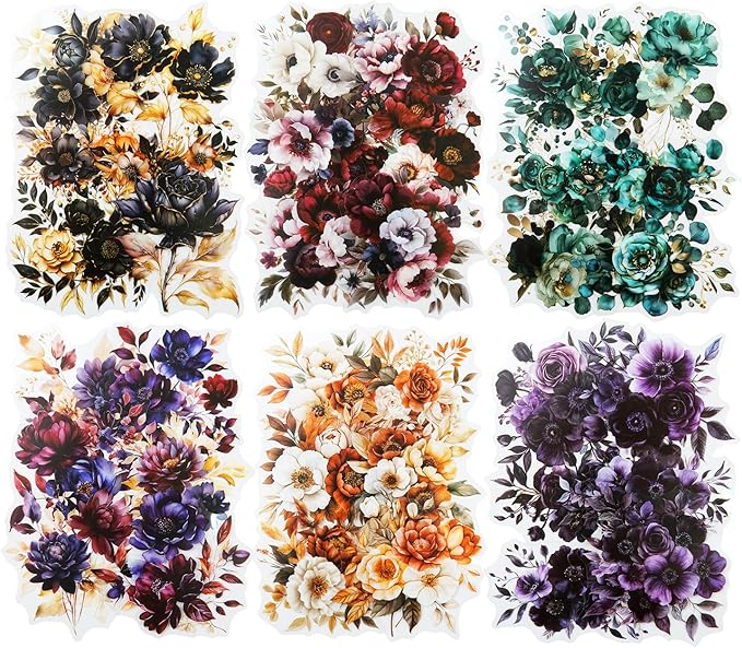 AuriicLeaf Blooming in The Dark Night PET Stickers, 120 Pcs Gothic Dark Floral Stickers for Scrapbooking, Journaling, Collage Supplies, and DIY Crafts