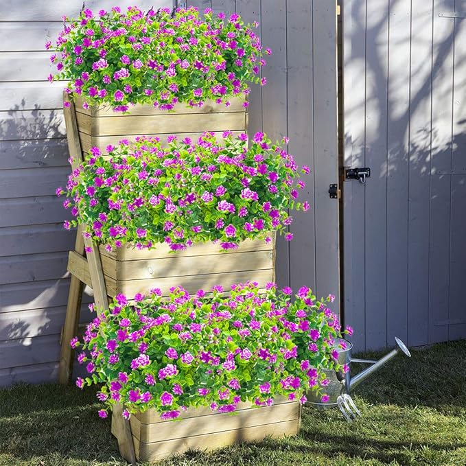 10 Bundles Artificial Fake Flowers, Faux Outdoor Plastic Plants UV Resistant Shrubs Outside Indoor Decorations (Purple-Eucalyptus)