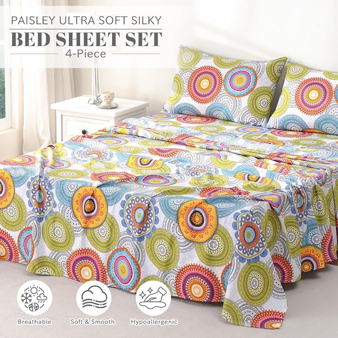 Bedlifes King Sheet Set Ultra Soft, Breathable, Silky Flower Deep Pocket 100% Microfiber Bedding, 4 Piece King Size Mandala Patterned