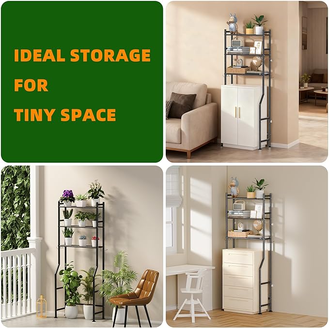 3-Tier Over Toilet Storage with Anti-Tilt Safety System - 150lb Total Capacity Metal Bathroom Shelves Including Paper Holder & 4 Hooks, Space Saving Above Commode Organizer (64" H, Snow Black)
