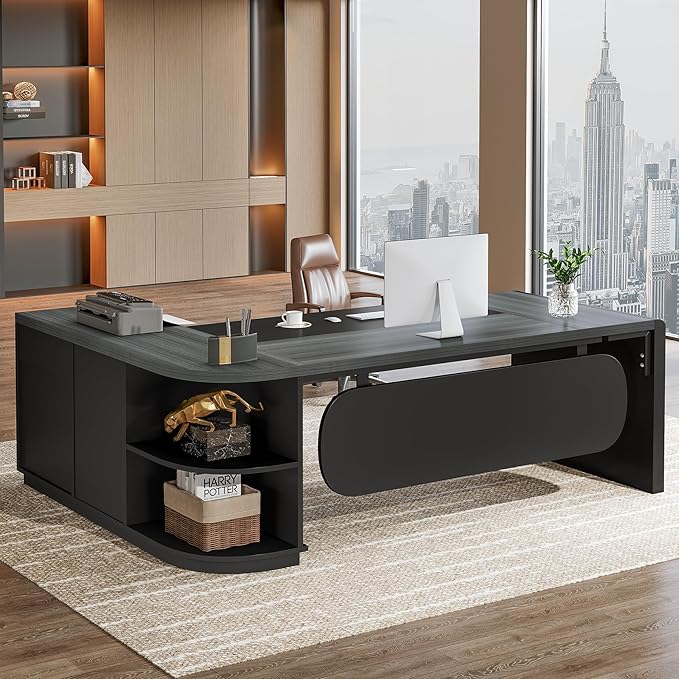 Tribesigns 80'' L-Shaped Desk, Large Executive Office Desk with 55'' Drawers Cabinet, Modern Commercial Office Table with Storage Shelves, Business Furniture for Home Office, Grey & Black