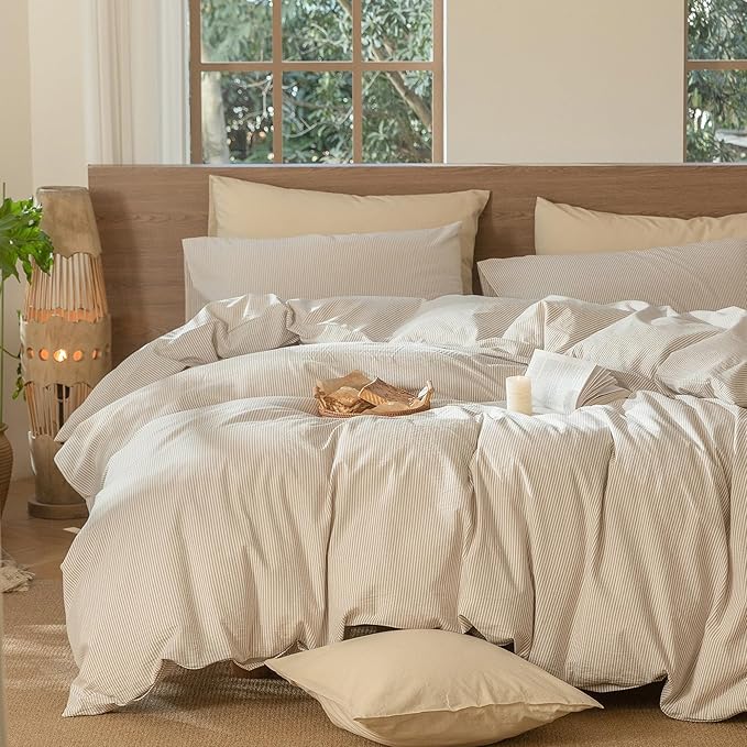 MooMee Striped Duvet Cover Set 100% Washed Cotton Linen Like Textured Breathable Durable Soft Comfy (Tannish Linen Grey White Pinstripes, Super King Plus 120"x120")