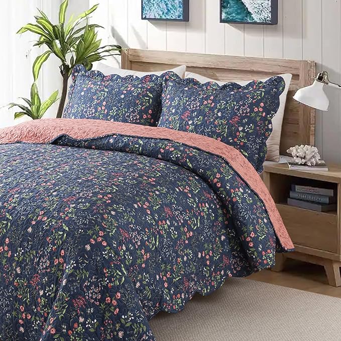 Travan 3-Piece Quilt Set Quilted Bedspread Lightweight Coverlet Set Garden Style Floral Printed Oversized Quilted Bedding Set for All Season, Blue Flower Sea, Queen Size
